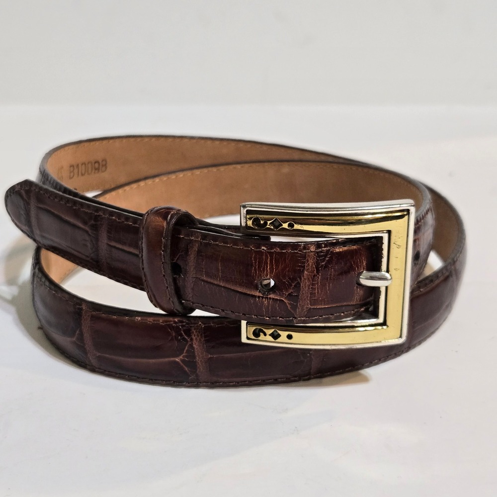 Brighton thin Belt Women L 34 Brown Croc Embossed Leather Mixed Metal Buckle